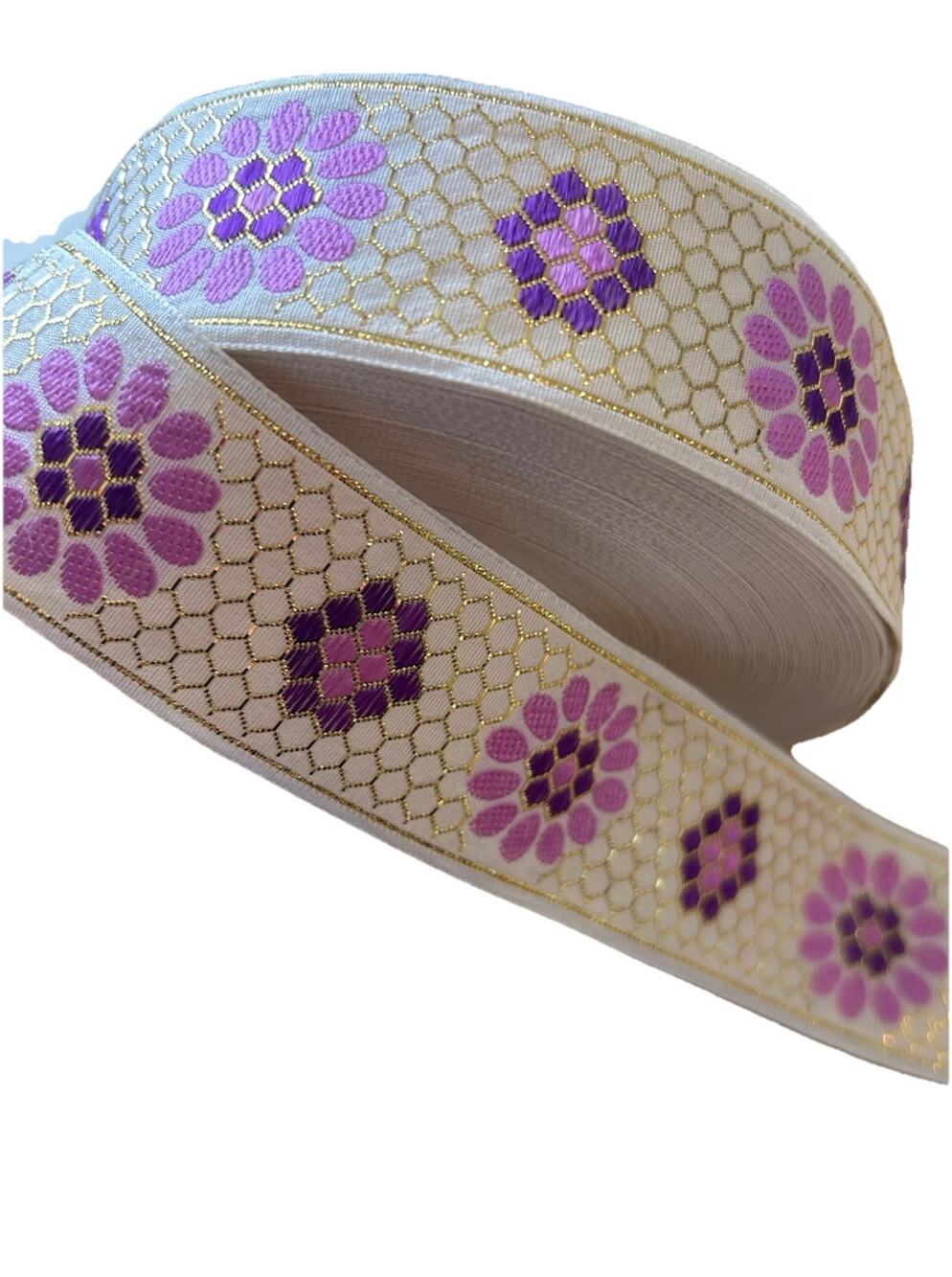 25 yards metallic jacquard woven floral trim ribbon 1.5" Wide Purple Gold White